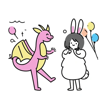 Kaede, wearing a bright red dragon costume with large wings and a spiky tail, stands next to Suzu. Suzu is dressed in a fluffy bunny outfit, complete with long ears and a fluffy white tail. They are both smiling and posing playfully, with Kaede lifting one wing and Suzu making a bunny gesture with her hands. The background features colorful balloons and streamers, enhancing the festive atmosphere of the dress-up party.
