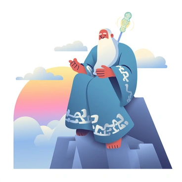 An aged sage with a long white beard is sitting atop a rocky mountain peak. He is wearing a flowing blue robe adorned with silver patterns. The sage's eyes are closed, and he appears to be in deep contemplation. Surrounding him are soft, white clouds that partially obscure the view of the valley below. In his hands, he holds a glowing staff with intricate carvings, emanating a soft light. The sun is setting in the background, casting warm orange and pink hues across the sky.