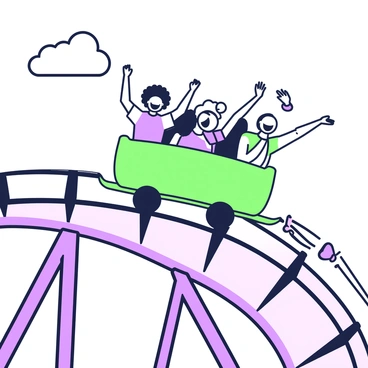 A roller coaster car is filled with excited passengers, all with wide smiles and raised arms. The car is positioned at the peak of a steep drop, poised just before the descent. The passengers are wearing various colored shirts and accessories, showcasing their enthusiasm for the ride. Below the drop, a winding track can be seen curving away, leading into a series of twists and turns. The sky above is clear, enhancing the thrill of the moment. The structure of the roller coaster is intricately designed, featuring metallic beams and supports that frame the scene.