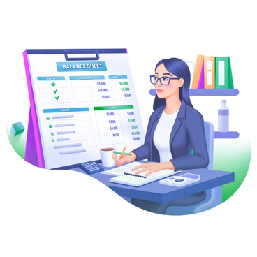 An accountant is seated at a desk, focused on a balance sheet displayed in front of them. The balance sheet features clearly defined columns labeled "Assets," "Liabilities," and "Equity," each filled with detailed financial figures. The accountant, wearing glasses and a neat professional attire, is holding a pencil, making notes in a notepad. A calculator and a cup of coffee are placed on the desk beside them, adding to the office environment. Behind the accountant, there are shelves filled with accounting books and files, emphasizing the work setting.