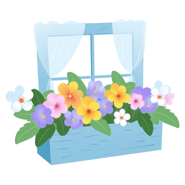 A charming window box is filled to the brim with a variety of colorful pansies. The pansies display vibrant hues of purple, yellow, pink, and white, creating a lively mix. Each flower has distinct patterns on its petals, enhancing the visual appeal. The window box itself is made of rustic wood, with visible grain and texture, and it is positioned against a backdrop of a quaint window with soft curtains. Lush green leaves accompany the flowers, adding depth to the arrangement. The overall scene radiates a cheerful and welcoming atmosphere.
