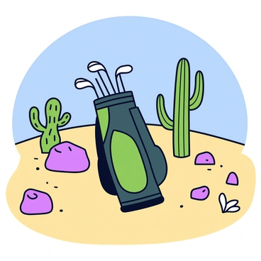 A golf bag with a dark green color stands upright on a sandy desert golf course. The bag is filled with several golf clubs, their shiny metal heads glinting in the sunlight. Surrounding the golf bag are various cacti, including tall saguaro cacti with long arms reaching towards the sky. Scattered among the cacti are smooth, rounded rocks of different sizes, adding texture to the arid landscape. The sky above is a clear blue, enhancing the vibrant colors of the scene.