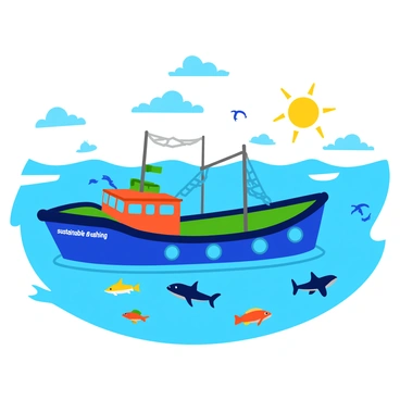 A fishing boat with a vibrant blue hull is navigating through clear, azure waters. The boat is equipped with nets carefully designed to minimize bycatch, displaying "sustainable fishing" written on the side in bold letters. Around the boat, a variety of fish, including colorful tropical varieties, swim freely in the water. Nearby, a small group of seabirds is seen diving gracefully into the ocean, while a few dolphins can be spotted leaping playfully in the distance. The sun casts bright rays, illuminating the scene and highlighting the harmony between fishing and marine life preservation.