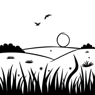 A vast field with tall grass bending gently in the breeze as the sun rises on the horizon. Silhouettes of birds are flying above the field, creating dynamic shapes against the brightening sky. The sun casts long shadows across the ground, highlighting the textures of the grass. Patches of wildflowers can be seen sprinkled throughout the field, adding depth to the landscape. The atmosphere suggests a peaceful morning, with the calmness of nature coming to life.
