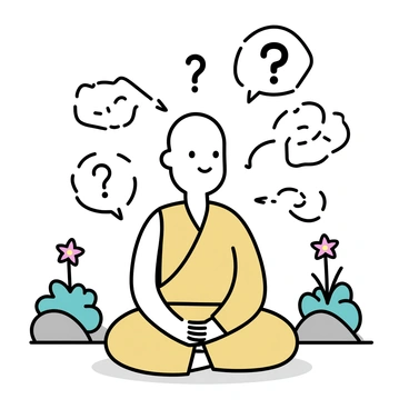 A monk, dressed in traditional orange robes, is seated cross-legged on a smooth stone surface in a garden. He has a calm expression on his face, with his eyes gently closed. Surrounding him are lush green plants, small stone pathways, and a few blooming flowers in various colors. Above his head, several thought bubbles appear, each filled with various questions written in bold, clear font. The bubbles vary in size and are oriented in different directions, adding a dynamic element to the peaceful scene.