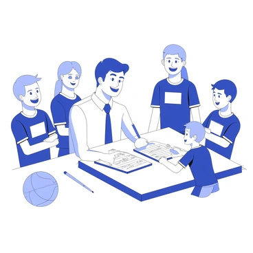 A youth sports team manager is sitting at a table, filling out a budget ledger. The manager has a focused expression, with a pen in hand, studying the figures on the page. Surrounding the manager are enthusiastic players, some standing and others sitting on the edge of the table. The players are wearing matching uniforms and displaying excitement, with bright smiles. A few players are holding sports equipment, such as a soccer ball and a basketball. The scene captures the energy of teamwork and organization in a busy sports environment.