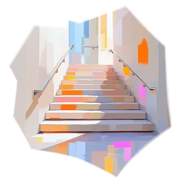 A modern staircase featuring sleek, geometric steps and railings that form distinct angles of "2" and "5". The staircase is crafted from polished wood and metal, with a minimalist design that showcases its sharp lines and angles. The steps are arranged in a staggered formation, leading upwards, while the railings provide a secure grip alongside the staircase. Light filters in through nearby windows, casting soft shadows across the surface of the stairs.