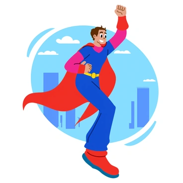 A superhero in a dynamic landing pose with one powerful arm supporting their weight on the ground. The superhero wears a vibrant, form-fitting costume featuring a bright blue and red color scheme. Their other arm is raised confidently, showcasing a muscular build. The character's cape billows behind them, caught in the air as they land. The background includes a city skyline with tall buildings and a clear blue sky, emphasizing the superhero's presence in an urban setting.