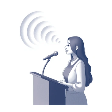 A young woman stands confidently at a podium, speaking into a microphone. She has long hair and wears a traditional dress. The microphone is positioned at mouth level, capturing the intensity of her speech. Surrounding her, visible waves of sound emanate outward, illustrating the power of her voice. The waves appear as concentric circles, each one gradually expanding, conveying a sense of influence and reach.