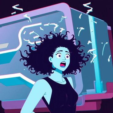 A character with wild, frizzy hair, exhibiting a vast array of chaotic curls and strands sticking out in various directions. They have a shocked expression, wide eyes and raised eyebrows, conveying surprise. The character is standing in front of a large static generator, a metallic machine with glowing blue lights and sparks emitting from it. The setting is dimly lit, enhancing the bright illumination of the generator, which casts dramatic shadows on the character's face.