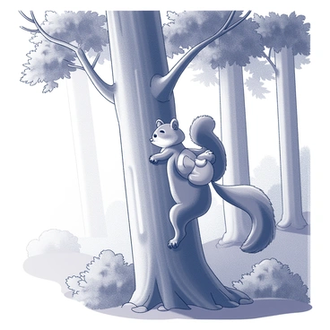 An adventurous squirrel is climbing a tall tree in a dense forest. The squirrel is carrying a tiny baluchon, which is secured to its back. The tree trunk is wide with rough bark, and the branches are thick and leafy. There are various shades of foliage surrounding the squirrel, indicating a lively forest environment. Sunlight filters through the leaves, creating patterns of light and shadow on the ground. The squirrel displays a determined expression as it skillfully navigates the branches above.
