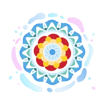 A large mandala design is centered in the image, featuring a series of concentric circles filled with intricate geometric shapes and floral patterns. The mandala is composed of vibrant colors, including deep reds, bright yellows, rich blues, and lush greens. The outermost ring of the mandala has small petal-like shapes radiating outward, while the inner sections are filled with detailed motifs, including spirals and triangles. Surrounding the mandala, there are gently flowing lines that add a sense of movement to the overall composition.