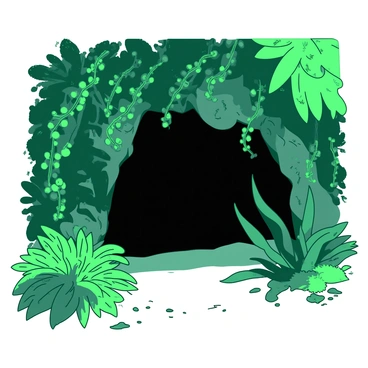 A dark entrance to a cave is partially obscured by a dense curtain of green lianas and vibrant ferns. The lianas twist and turn, creating an intricate natural drapery that sways slightly, hinting at a gentle breeze. The ferns are lush and varied in size, some taller and others shorter, adding depth to the scene. The ground is covered with soft, damp earth, scattered with small pebbles and twigs, while a few patches of moss can be seen near the cave's opening. Soft, dappled light filters through the foliage, casting shadows and illuminating the cave entrance, which appears inviting yet enigmatic.