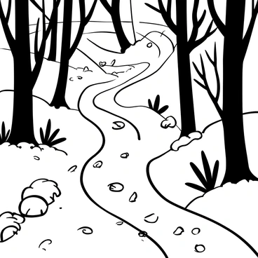 A black-and-white illustration of a winding stream flowing through a dense forest. The water is dotted with fallen leaves drifting on the surface. Tall trees surround the stream, their trunks rugged and intertwined with branches, casting shadows on the water. The ground is covered with a layer of additional leaves, creating a textured landscape. Small rocks are scattered along the stream's edge, and the overall composition captures a sense of tranquility in nature.
