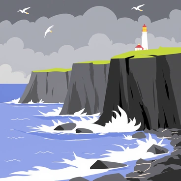 A gnarly, stormy coastline with towering cliffs and crashing waves