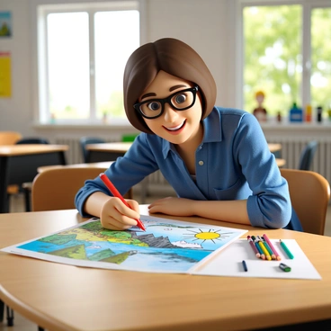 A teacher with short brown hair, wearing glasses and a blue blouse, is leaning over a desk. She is smiling while looking at a colorful illustration that a student has drawn. The illustration features a vibrant landscape with trees, mountains, and a bright sun. The teacher holds a red pen in one hand, marking notes on the paper. The classroom is filled with educational posters on the walls and a window showing a sunny day outside. The student's desk has colored pencils scattered around, and there is a pencil sharpener nearby.