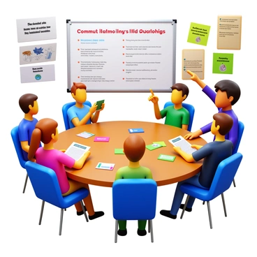 A group of five teenagers sitting around a circular table engaged in an interactive workshop. Each teenager is holding a brochure titled "Healthy Relationships." The expressions on their faces reflect curiosity and attentiveness. There are various colorful sticky notes scattered on the table, some with drawings and others with short positive messages. A large flip chart in the background displays key points about communication and trust, with illustrations. One teenager is pointing to the flip chart while another is raising a hand to ask a question. The room is bright and filled with posters promoting respect and empathy.