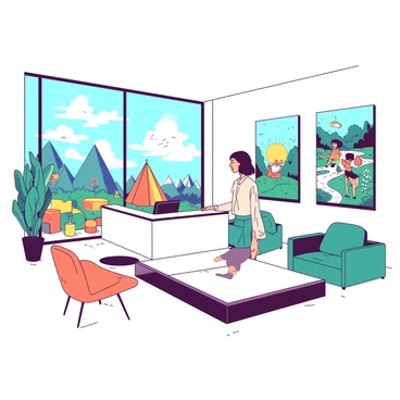 A lobby of a modern agency with large glass windows letting in natural light. The walls are adorned with vibrant posters showcasing illustrations from popular children's books. Each poster features colorful characters, whimsical scenes, and imaginative landscapes, captivating the attention of visitors. In the center of the lobby, there is a sleek reception desk made of white material, with a friendly receptionist ready to greet guests. There are plush seating areas with orange and teal chairs placed around a low coffee table, creating a welcoming atmosphere.