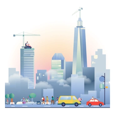 A bustling city skyline is visible in the background, characterized by tall skyscrapers with reflective glass surfaces. The buildings are partially obscured by a dense layer of smog that creates a muted atmosphere. The sky above is a mix of gray and soft orange hues, suggesting early morning or late evening. Silhouettes of cranes and construction equipment can be seen on one of the buildings, indicating ongoing development. In the foreground, a street filled with cars and pedestrians adds to the sense of urban activity contrasted against the heavy smog.