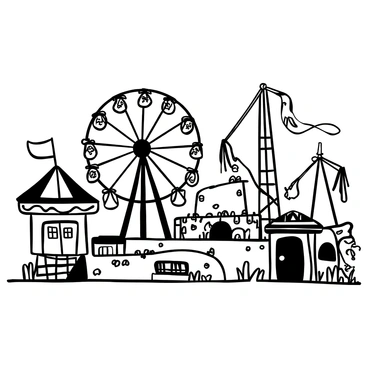 An abandoned fairground featuring a large, rusted Ferris wheel standing motionless. The ground is overgrown with weeds, and scattered debris can be seen throughout the area. Tattered banners hang limply from broken poles, swaying slightly in the breeze. A dilapidated carousel, with chipped paint and missing horses, sits in disrepair next to a cracked ticket booth. Shadows cast by the skeletal structure of the rides create an eerie atmosphere. Rusted metal beams and chains dangle loosely, hinting at a once vibrant place now left to decay.