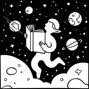 A house-elf floating in space while holding a large open book in both hands. Surrounding the house-elf are various planets, each with distinct sizes and shapes, scattered among clusters of stars. The background features a vast expanse of space filled with intricate details of celestial bodies and star patterns. The scene encapsulates a sense of wonder as the house-elf gazes attentively at the book and the surrounding cosmic landscape.