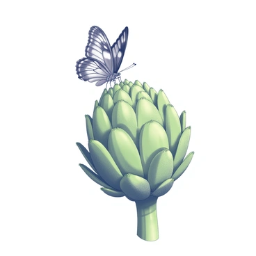 A butterfly rests delicately on the tip of an artichoke leaf. The artichoke features its distinctive spiky leaves, arranged in a spiral formation, showcasing its unique structure. The butterfly has intricately patterned wings, displaying detailed markings that enhance its beauty. The scene captures the interaction between the butterfly and the vibrant green artichoke leaf, highlighting the delicate balance of nature.