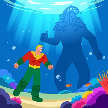 Aquaman, adorned in his green and gold armor, is positioned in the deep ocean, surrounded by dark blue waters and ethereal rays of light filtering down from the surface. He is facing a colossal legendary sea creature, reminiscent of a kraken, with long, flowing tentacles and an intricate pattern on its skin. The creature's massive form looms in the background, its eyes glowing a bright, piercing blue. Bubbles and small fish scatter around them, while the ocean floor is scattered with colorful coral and rocks, adding to the vibrant underwater scene.