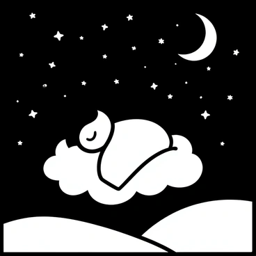 A cartoon character with a round body is lying on a cloud, sleeping peacefully. The character is covered with a cozy blanket. Above them, a vast starry sky is filled with numerous stars scattered across the black background. A large crescent moon hangs brightly, casting soft light over the scene. Below the cloud, a gentle silhouette of rolling hills can be seen, enhancing the peaceful atmosphere.