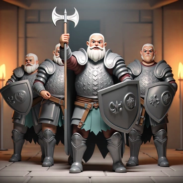 A group of armored dwarfs, wearing sturdy metal armor with intricate engravings, are gathered in a fortified hall. Each dwarf holds a heavy axe in one hand and a shield adorned with emblems in the other. The hall features stone walls with torches flickering, illuminating the determined faces of the dwarfs. One dwarf, standing at the front, raises his axe above his head, while others are positioned around him, looking focused and ready. The atmosphere conveys a sense of impending battle as they prepare to defend their stronghold.