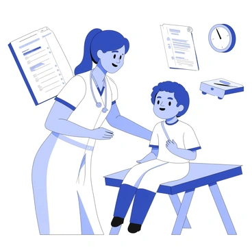 A nurse is bending down to listen to a child's heartbeat using a stethoscope. The nurse is wearing scrubs and has a friendly expression. The child is sitting on an examination table, looking calm and curious. The stethoscope is placed gently on the child's chest, with the nurse's hand holding the diaphragm. There are medical charts and a pediatrician's scale in the background, adding to the clinical setting. A wall clock is visible, indicating the time.