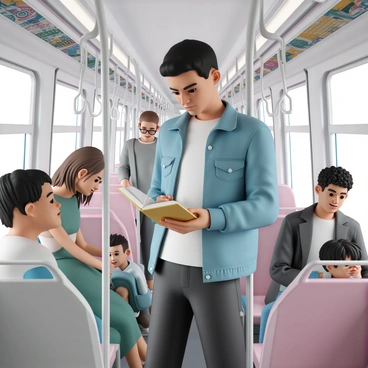 A 3D human figure, a man with short black hair, wearing a blue denim jacket, a white t-shirt, and dark jeans, is standing on a busy city train. He holds a book open in front of him, focused on the pages. Surrounding him are several passengers: a woman with long brown hair in a green dress, sitting and looking out the window, and a man with glasses wearing a gray suit, standing nearby, holding onto a metal pole. Another passenger, a teenager with a backpack, is looking at his phone, while a child with curly hair sits with a parent, both engaged in conversation. The interior of the train is filled with metal handrails, colorful advertisements on the walls, and a view of the city through the windows.