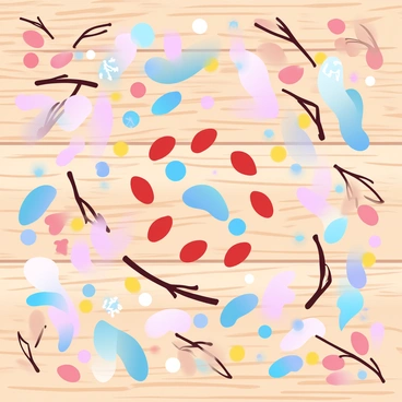 A collection of colored almond shells arranged in intricate patterns on a wooden surface. The almond shells are painted in various bright colors, including vibrant reds, blues, and yellows. The patterns feature geometric designs and swirling motifs, creating an eye-catching display. Surrounding the almond shells, there are small bits of natural twigs and leaves to enhance the organic feel of the arrangement. A soft, diffused light casts gentle shadows, highlighting the textures of the shells and the wood underneath.