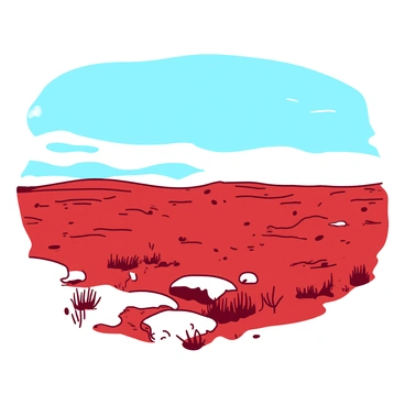 A red polar tundra stretches out with a vast expanse underneath a clear blue sky. Sparse patches of green vegetation are scattered across the ground, interspersed with white snow drifts. In the distance, the horizon merges seamlessly with the sky, creating a sense of endlessness. The land is flat, and the low-lying plants are resilient against the cold, contributing to the stark beauty of the environment.