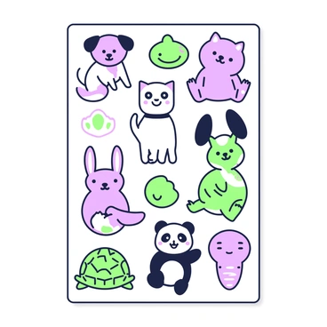 A sheet of animal stickers is displayed, featuring various cute animals arranged in a grid pattern. There are a small dog with floppy ears, a chubby cat sitting playfully, and a cheerful bunny with long ears. Additionally, a smiling panda is included, alongside a turtle with a happy expression. Each animal is shown with distinct playful designs, and the overall layout is tidy, showcasing the variety of stickers available on the sheet.