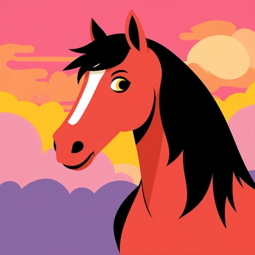 A close-up portrait of a majestic mustang with a flowing mane, displaying shades of chestnut and black. The mustang's expressive eyes reflect the warm hues of the sunset. The background features a vibrant sunset with deep orange, pink, and purple tones blending in the sky. Silhouetted clouds add depth to the scene, enhancing the dramatic atmosphere surrounding the mustang.