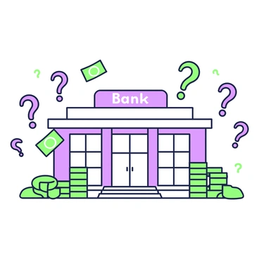 A large building labeled "bank" is depicted in the center of the image. The building features large glass windows and a grand entrance. In the foreground, green and purple question marks float in the air, arranged as if they are being used as currency. Some question marks are larger and more prominent, while others are smaller and dispersed throughout the scene. On the ground, there are stacks of question marks in various sizes, creating a sense of abundance. The overall composition conveys a unique concept of currency represented by question marks within the bank's environment.