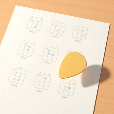 A guitar pick, brightly colored with a textured surface, is positioned next to a chart displaying various guitar chords. The chart features clear diagrams of finger placements on the fretboard, labeled with chord names in bold letters. The background is a simple wooden table, providing a warm tone to the scene. Soft shadows are cast by the pick and the chart, emphasizing their placement and creating depth in the composition.