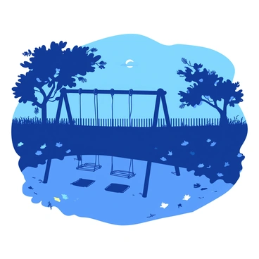 A blue deserted playground is set against the backdrop of twilight. The swings are slowly moving back and forth, creaking softly in the gentle breeze. Nearby, trees with dark green leaves are rustling, adding a sense of movement to the stillness of the scene. The ground is covered with colorful autumn leaves scattered around the playground equipment. In the distance, faint outlines of a fence are visible, enhancing the feeling of isolation within the playground.