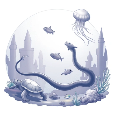An underwater scene where sea creatures are altered into mythical beings