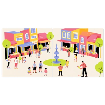 An illustration board features a divided scene, with one half depicting a bustling town square filled with people. The town square displays colorful market stalls, each adorned with various goods such as fruits, vegetables, and handmade crafts. A group of children are playing near a fountain in the center, while adults engage in conversations and shopping. Some trees are scattered around the square, providing shade, and charming buildings with vibrant facades surround the area.