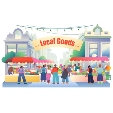 A bustling historic market is filled with various vendors selling colorful goods. Stalls are draped with vibrant fabrics showcasing an array of fruits, vegetables, and handmade crafts. Shoppers with diverse backgrounds are browsing the stalls and engaging in lively conversations. Above the market, strings of lights create a warm atmosphere. In the background, historic buildings with ornate architecture frame the scene, adding character and charm. A large banner reading "Local Goods" hangs across the market entrance, welcoming visitors.