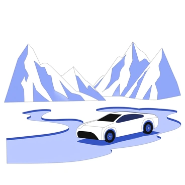 An ice car is gliding smoothly over a frozen river. The surface of the river is slick and shiny, reflecting the surrounding landscape. In the background, there are towering icy mountains with rugged, sharp peaks. The mountains are covered in crystalline ice, and their surfaces glisten in the light. The sky above is clear, allowing for a bright atmosphere over the scene. The car has sleek lines and appears to be specifically designed for icy conditions, with specialized tires to enhance grip.