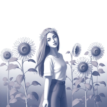 A young woman standing confidently in a vast field filled with tall sunflowers. She has long flowing hair that cascades over her shoulders. On her head, she wears a "delicate floral crown" made of various small flowers. Sunflowers tower around her, their large, round heads facing the sun. The woman's expression is serene, and her posture exudes a sense of grace and connection to nature. The sky above is clear and open, providing a sense of freedom in the scene. The sunflowers create a vibrant backdrop, emphasizing her presence in the field.