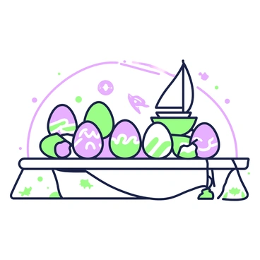 A collection of Easter eggs arranged on a wooden table. Each egg is uniquely decorated, showcasing different scenes. One egg features intricate patterns of ocean waves in motion, while another displays a sailboat gliding across the water. Additional eggs can be seen with various marine elements, such as seagulls and fish swimming among the waves. The table is adorned with a light fabric to enhance the presentation of the colorful eggs. In the background, a soft light highlights the details of the egg designs.