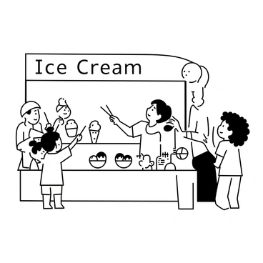 A cheerful ice cream parlor with a large display of ice cream flavors in bowls and cones is situated in a busy food court. Children are gathered around the counter, eagerly pointing at the different colorful flavors. One child, wearing a bright hat, is holding a scoop of ice cream while another child, with curly hair, is looking up at the smiling server. A variety of toppings such as sprinkles and chocolate sauce are arranged neatly on the counter. The parlor has a bright sign that says "Ice Cream" in large letters.