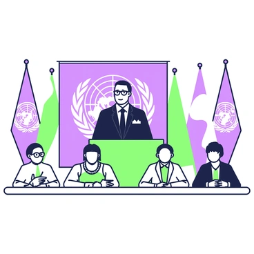 Malcolm X is standing at a podium, confidently delivering a speech at the United Nations. He is wearing a dark suit and glasses, with an intense expression on his face. Behind him, a large banner displaying the United Nations emblem is visible. In front of him, several representatives from various countries are seated, attentively listening. They are wearing traditional attire and formal clothing, reflecting their diverse backgrounds. Some representatives take notes, while others lean forward in their seats, engaged in his powerful address. The room is filled with flags from different nations, creating an atmosphere of international dialogue and unity.