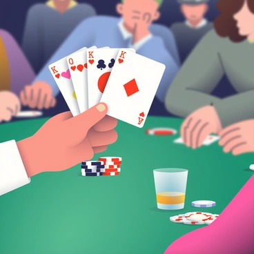 A hand of playing cards, featuring the "Ace of Spades," "King of Hearts," "Queen of Diamonds," and "Jack of Clubs," is held firmly by a pair of hands above a green felt poker table. The hands are slightly weathered, indicating experience in the game. There are several poker chips stacked in front of the player, with colors including red, black, and white. A glass of whiskey rests nearby on the table, reflecting the dim light of the surrounding area. In the background, blurred figures of other players are seated at the table, focused on their own cards and the ongoing game.
