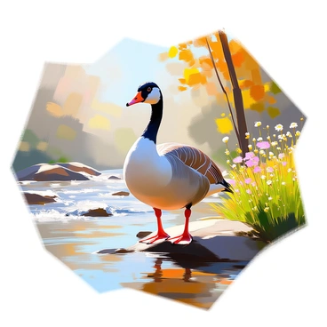 A Canada goose stands gracefully on a riverbank, its distinctive black head and white cheek patches prominently displayed. The goose is positioned near the edge, looking out over the water. Gentle rapids flow by, creating small waves and ripples in the clear water. Lush green grasses and wildflowers grow along the riverbank, enhancing the natural setting. Soft sunlight filters through nearby trees, casting dappled shadows on the ground. The overall scene conveys a sense of tranquility and connection to nature.