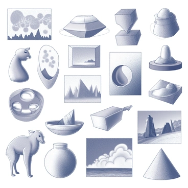 A collection of various illustrations arranged in a grid format. Each illustration represents a different art style, showcasing distinct techniques and themes. Some illustrations feature abstract shapes and patterns, while others depict realistic landscapes or character designs. There are illustrations with intricate line work and detailed textures alongside simpler, more minimalist designs. The entire composition is visually dynamic and engaging, filled with a variety of artistic expressions.