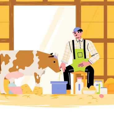 A farmer wearing a plaid shirt and overalls is sitting on a wooden stool next to a brown and white spotted cow, gently milking it into a metal bucket. The barn is made of rustic wood, with sunlight streaming through the open door and illuminating scattered hay on the floor. Surrounding the farmer and cow are various dairy products, including a round cheese wheel, several glass jars filled with creamy milk, and a bowl of fresh yogurt. A few chicken eggs are placed nearby on a wooden crate.